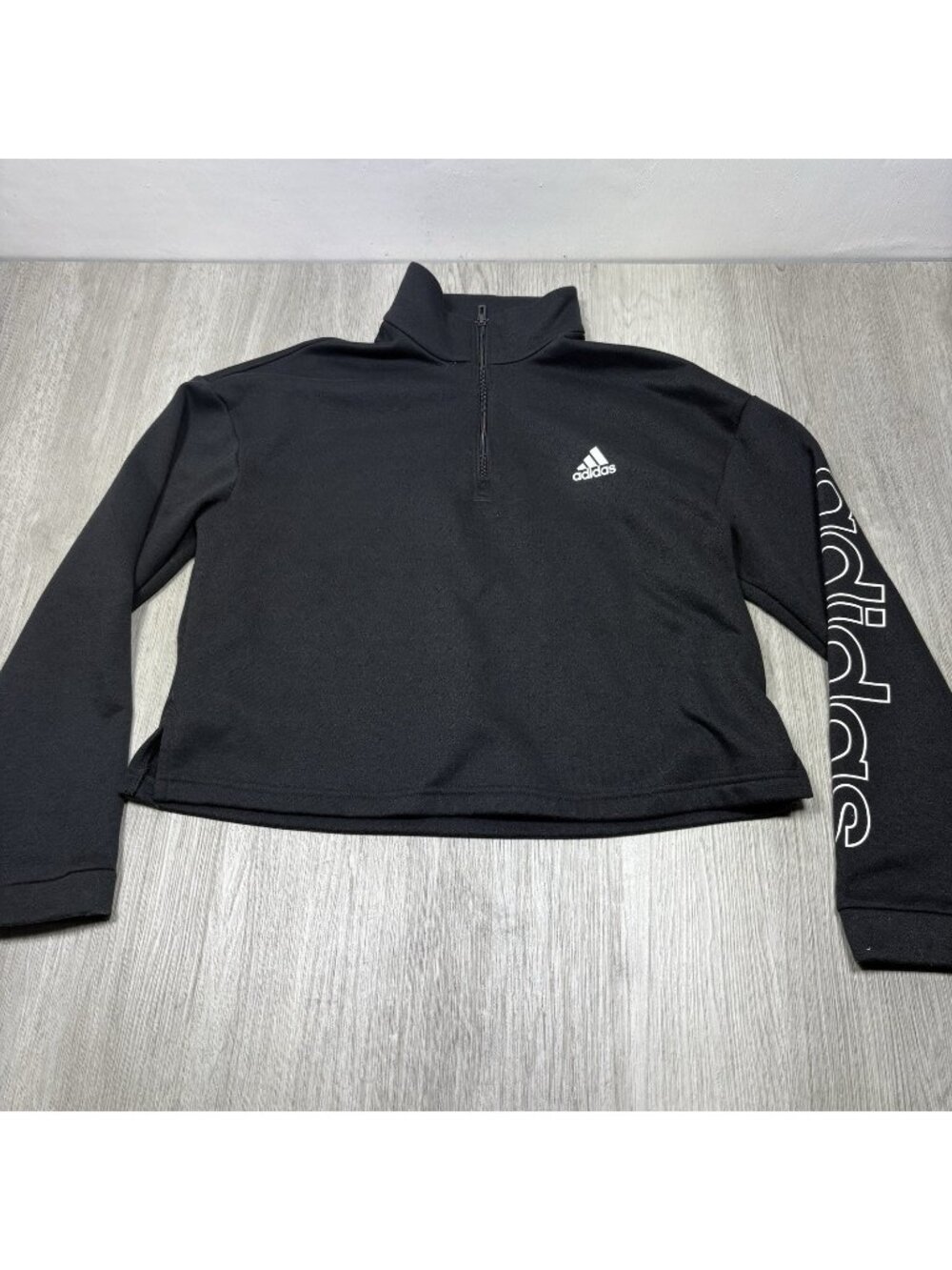 Adidas Women's CROPPED Black/White Quarter Zip Long Sleeve Gym Sweatshirt Large